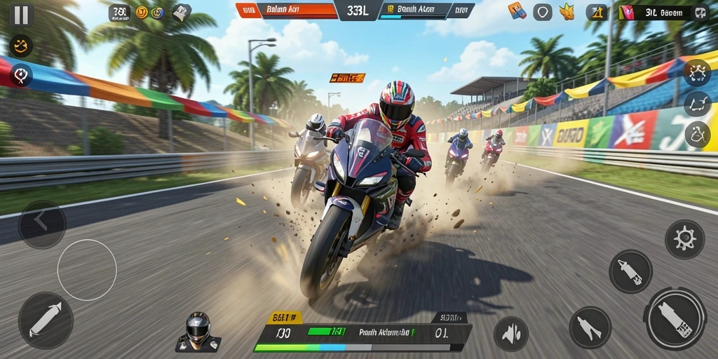 Screenshot gameplay 33L menampilkan balapan motor yang intens dan mendebarkan.