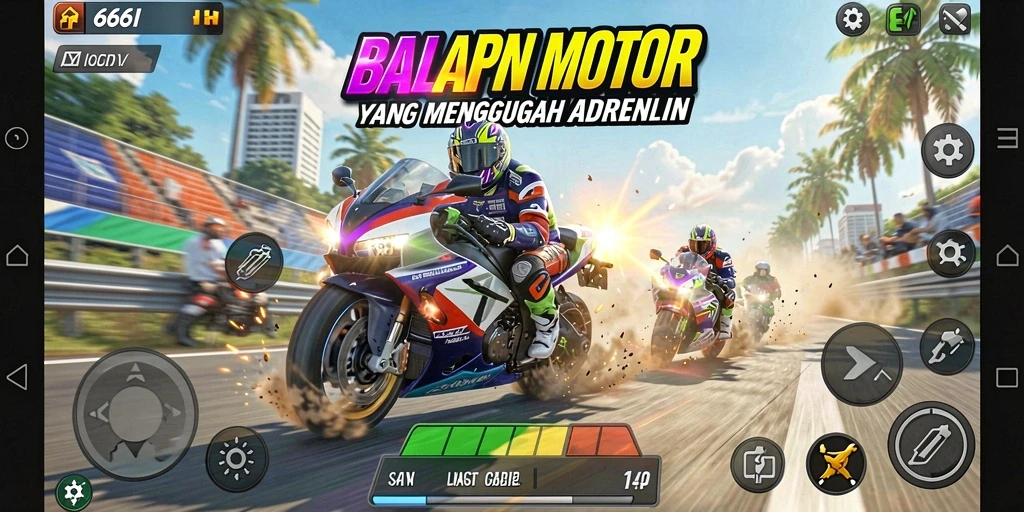 Screenshot utama 666I menunjukkan aksi balapan motor yang mendebarkan.