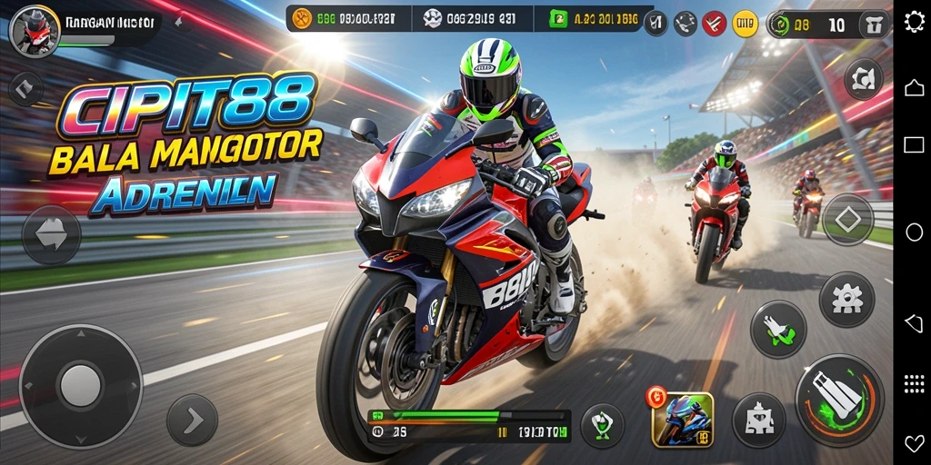 Screenshot gameplay menunjukan balapan motor yang menegangkan dan seru.