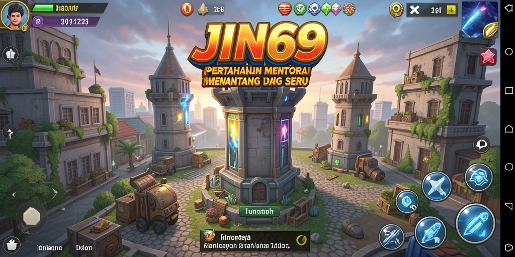 Gameplay JIN69 menampilkan aksi menara pertahanan melawan serangan musuh.