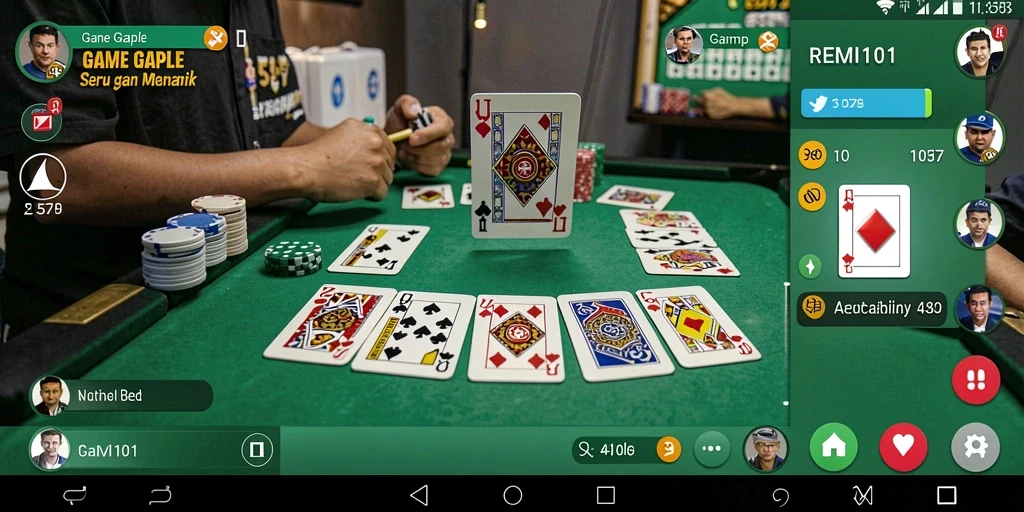Screenshot gameplay REMI101 menampilkan suasana permainan Gaple yang seru.