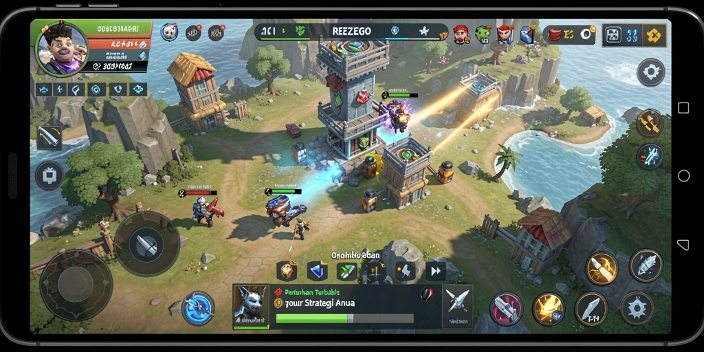Gameplay seru dalam <strong>REZEGO</strong> dengan strategi menara yang kompleks.
